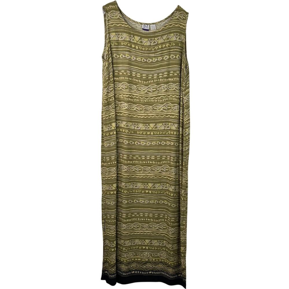 JM Collection Vintage Maxi Dress Green Boho Pattern Print Resortwear Size Large